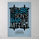 Modern Torah Bar Mitzvah Poster Gray and Blue ポスター<br><div class="desc">It’s modern simplicity for your son’s Bar Mitzvah. This poster features a striking silhouette of the Torah that frames art deco style type, announcing the big event. The linen-like background is a lightly textured color. All of the printed information can be customized with your son’s name and the event date…just...</div>