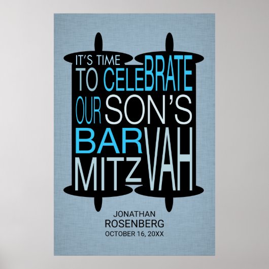 Modern Torah Bar Mitzvah Poster Gray and Blue ポスター (正面)
