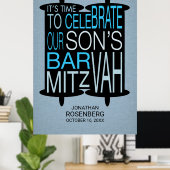Modern Torah Bar Mitzvah Poster Gray and Blue ポスター (ホームオフィス)