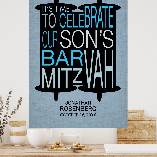 Modern Torah Bar Mitzvah Poster Gray and Blue ポスター (キッチン)