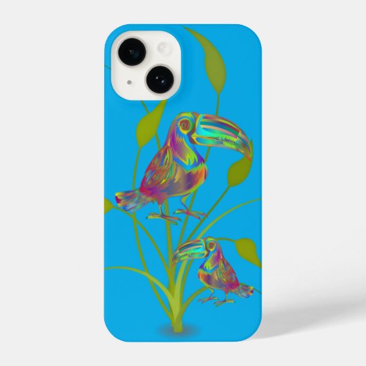 Modern Toucan Art with Plants Turquoise Phone Case iPhoneケース (裏面)