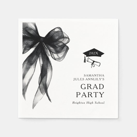 Modern Trendy Black Bow Graduation Party スタンダードカクテルナプキン (正面)
