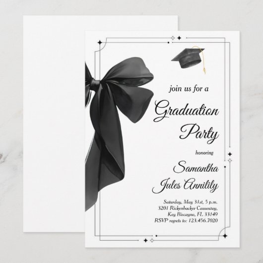 Modern Trendy Black Bow Graduation Party  招待状 (正面/裏面)