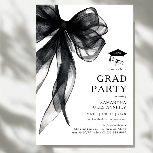 Modern Trendy Black Bow Graduation Party 招待状