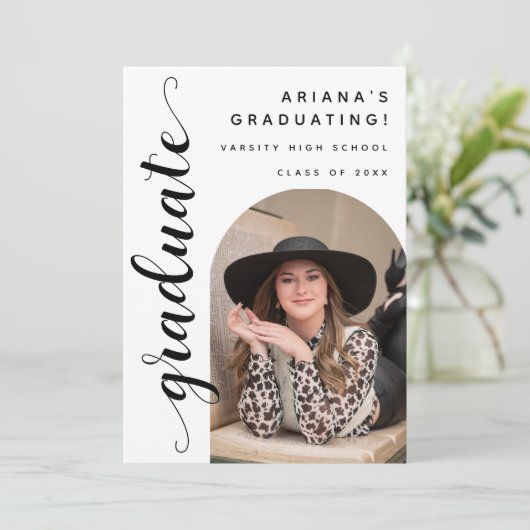 Modern Trendy Chic Script White Graduation Party 招待状 (スタンド正面)