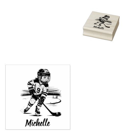 Modern Trendy Girl Playing Ice Hockey Personalized ラバースタンプ (押印)