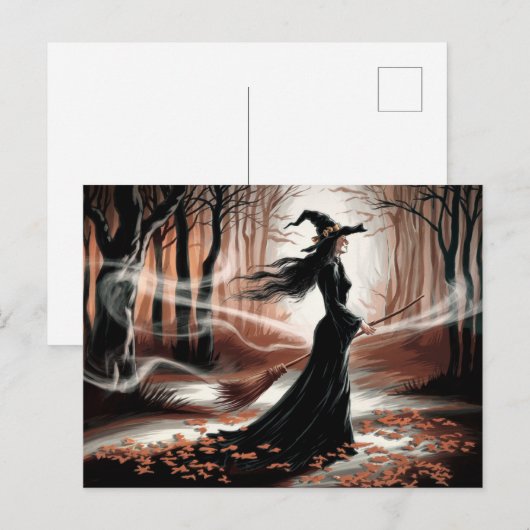 Modern Trendy Halloween Witch in Forest ポストカード (正面/裏面)