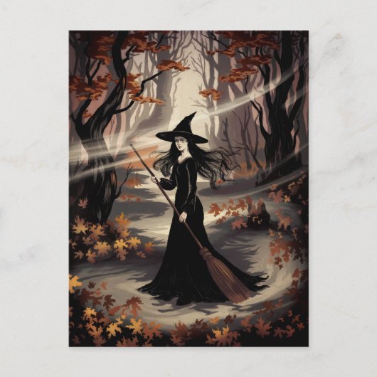 Modern Trendy Halloween Witch in Forest            ポストカード (正面)