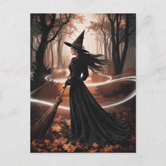Modern Trendy Halloween Witch in Forest            ポストカード (正面)