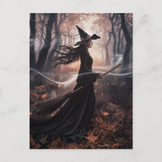 Modern Trendy Halloween Witch in Forest ポストカード (正面)