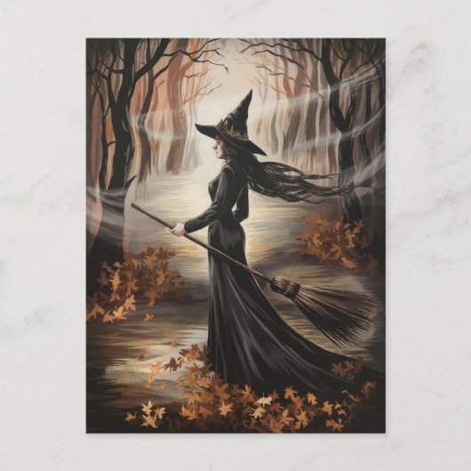 Modern Trendy Halloween Witch in Forest            ポストカード (正面)