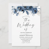 Modern Trendy Navy Blue Watercolor Floral Wedding 招待状 (正面)