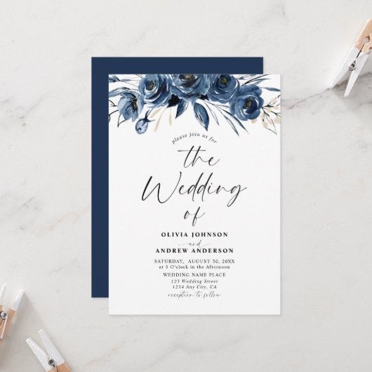 Modern Trendy Navy Blue Watercolor Floral Wedding 招待状 (正面/裏面インサイチュ)