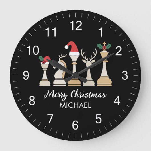 Modern Trendy Personalized Chess Pieces Christmas ラージ壁時計 (正面)