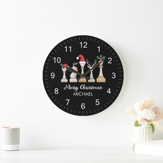 Modern Trendy Personalized Chess Pieces Christmas  ラージ壁時計 (ホーム)