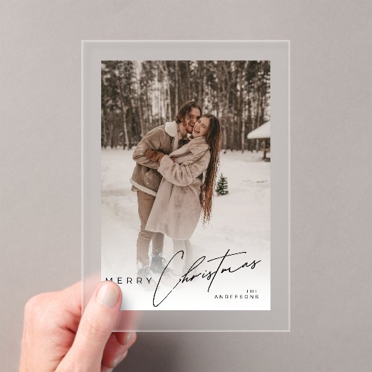 Modern Trendy Photo Elegant Script Christmas Card アクリル招待状 (インサイチュ (ポータブル))