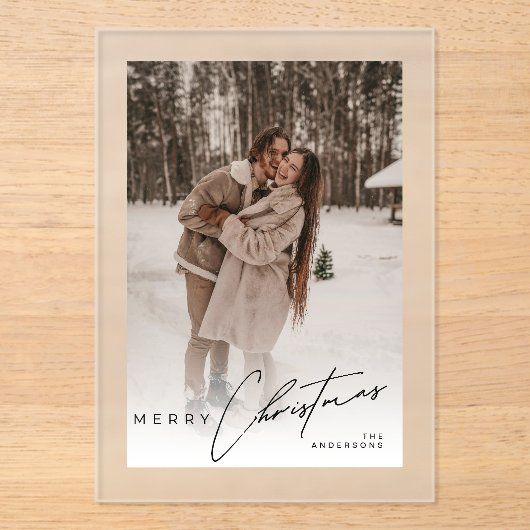 Modern Trendy Photo Elegant Script Christmas Card アクリル招待状 (正面)