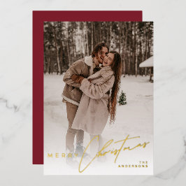 Modern Trendy Photo Elegant Script Red Christmas  箔シーズンカード