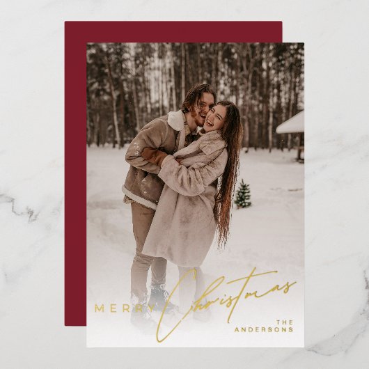 Modern Trendy Photo Elegant Script Red Christmas  箔シーズンカード (正面/裏面)