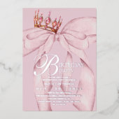  Modern Trendy Pink Bow Birthday Party 箔招待状 (正面)