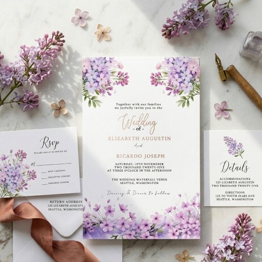 Modern Trendy Purple Lavender  Wedding 箔招待状