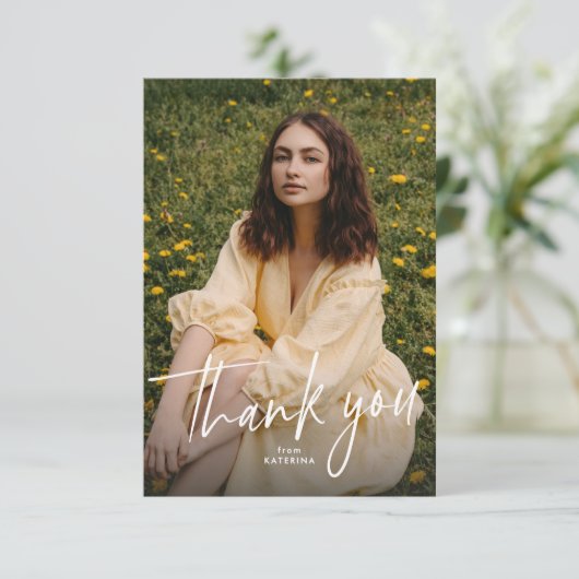 Modern trendy script graduation photo サンキューカード (スタンド正面)