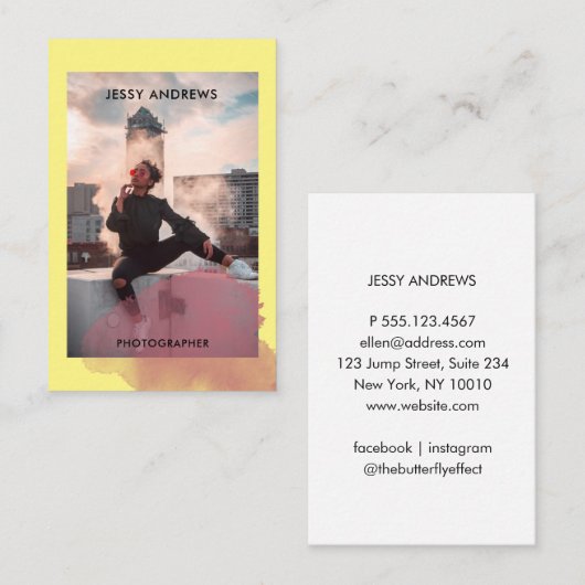 Modern Trendy Watercolor Foto Visitenkarte 名刺 (正面/裏面)