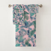 Modern Tropical Blue Foliage Pink Pattern バスタオルセット (インサイチュ)