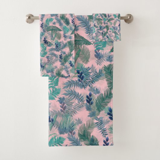 Modern Tropical Blue Foliage Pink Pattern バスタオルセット (インサイチュ)