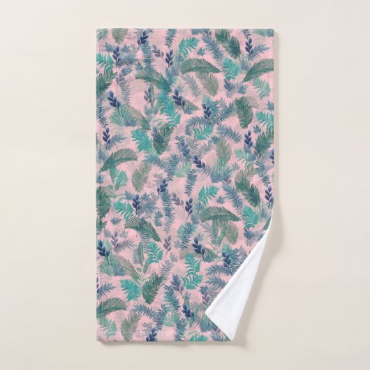 Modern Tropical Blue Foliage Pink Pattern バスタオルセット (ハンドタオル)