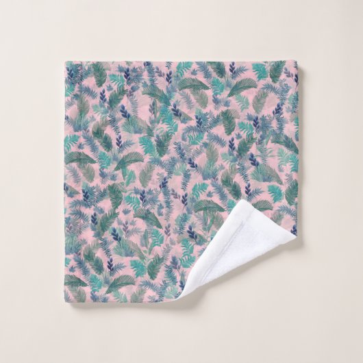 Modern Tropical Blue Foliage Pink Pattern バスタオルセット (ウォッシュタオル)