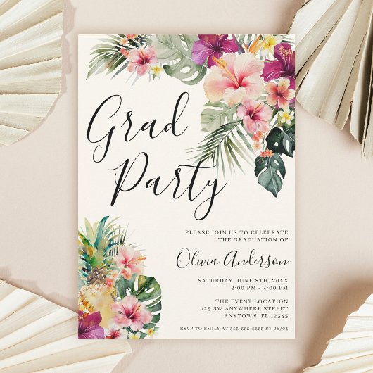 Modern Tropical Floral Beige Graduation Party 招待状