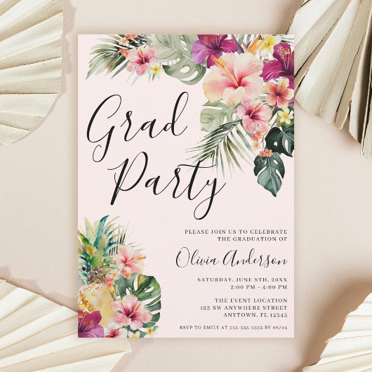 Modern Tropical Floral Pink Graduation Party 招待状