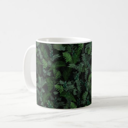 Modern tropical green foliage Black pattern コーヒーマグカップ (正面左)