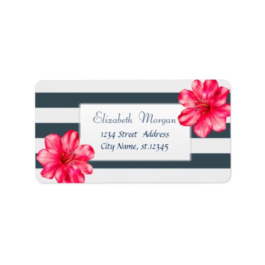 Modern Tropical ,Hibiscus Navy Blue Stripe Label ラベル (正面)