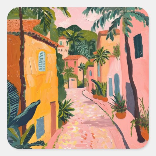 Modern Tropical Plant Print – Pink and Green スクエアシール (正面)
