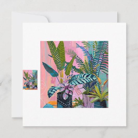 Modern Tropical Plant Print – Pink and Green  招待状 (正面)
