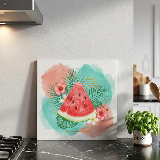 Modern Tropical Watermelon & Hibiscus Watercolor  タイル