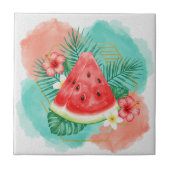 Modern Tropical Watermelon & Hibiscus Watercolor  タイル (正面)