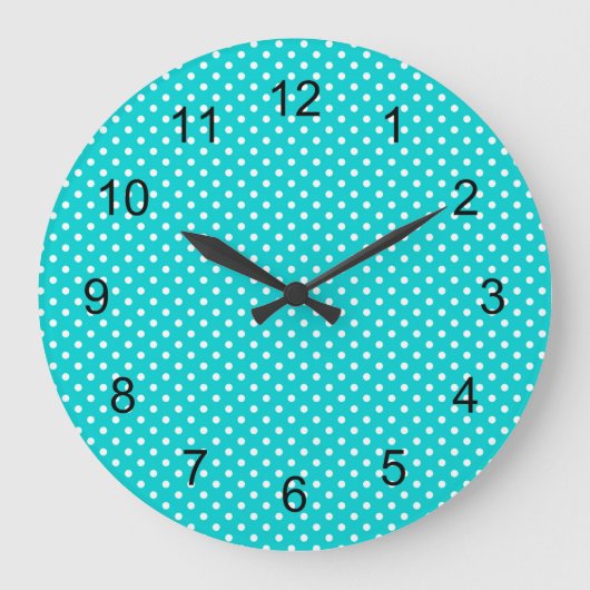modern Turquoise blue polka dot nursery bedroom ラージ壁時計 (正面)