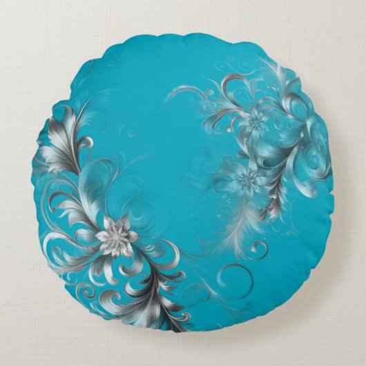 Modern Turquoise Blue with Ornate Silver ラウンドクッション (正面)