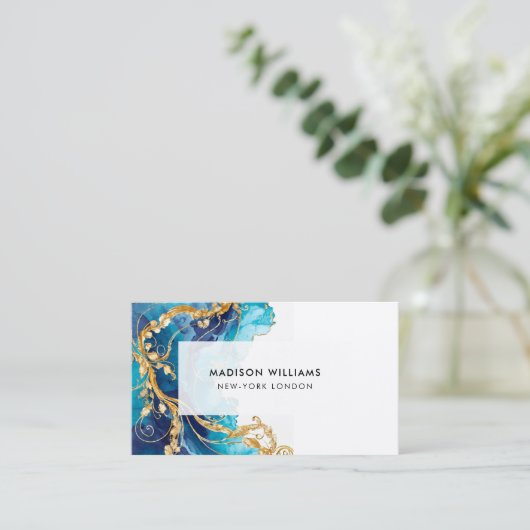 Modern Turquoise Ink Gold Swirls 名刺 (スタンド正面)