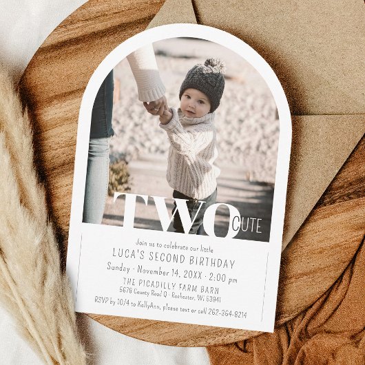 Modern TWO Cute Photo Arch 2nd Birthday Party 招待状