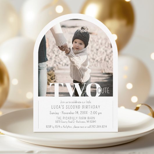 Modern TWO Cute Photo Arch 2nd Birthday Party 招待状