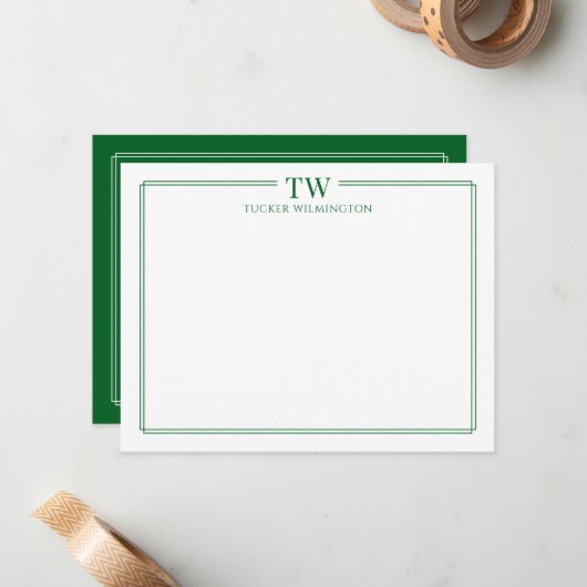 Modern Two Initials Light Green Border Stationery ノートカード (正面/裏面インサイチュ)