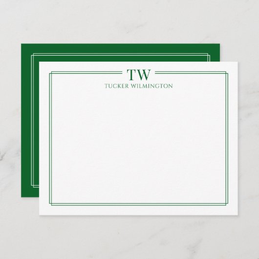 Modern Two Initials Light Green Border Stationery ノートカード (正面/裏面)