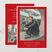 Modern Two Photo Red and White Graduation Party 招待状 (正面/裏面)