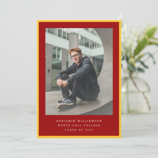 Modern Two Photo Red and Yellow Graduation Party 招待状 (スタンド正面)