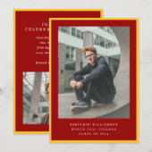 Modern Two Photo Red and Yellow Graduation Party 招待状 (正面/裏面)