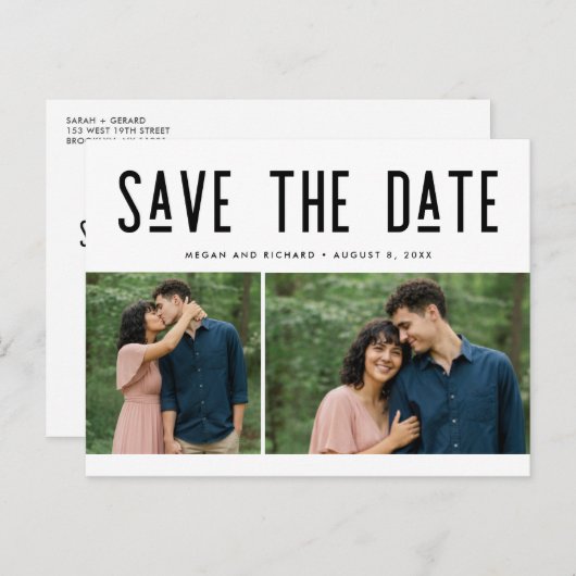 Modern Two Photo Wedding Save the Date Postcard 案内ポストカード (正面/裏面)